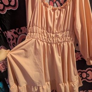 SHEIN Pink Babydoll Dress with Ruched Smocked Bishop Sleeves